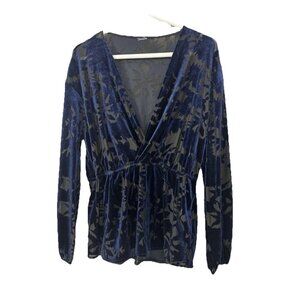 Chevignon Women M Navy Burnout Velvet Wrap Blouse Sheer Babydoll Boho Whimsigoth